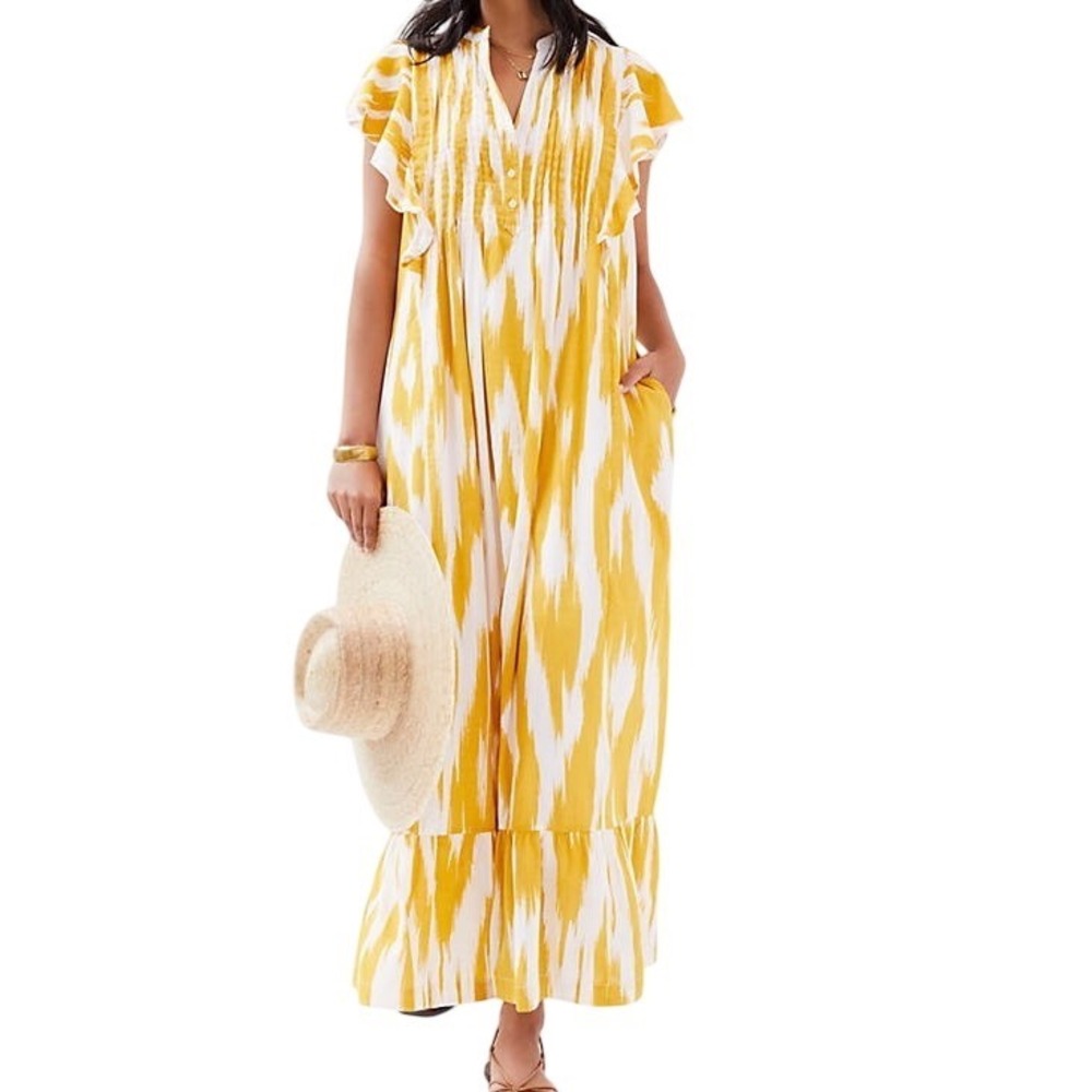 Anthropologie Maeve Cassandra Pintuck Flutter Sleeve Maxi‎ Dress Yellow Size XS